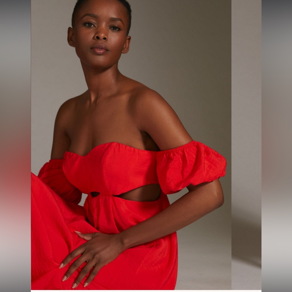 Anthropologie Red Linen Off the shoulder dress